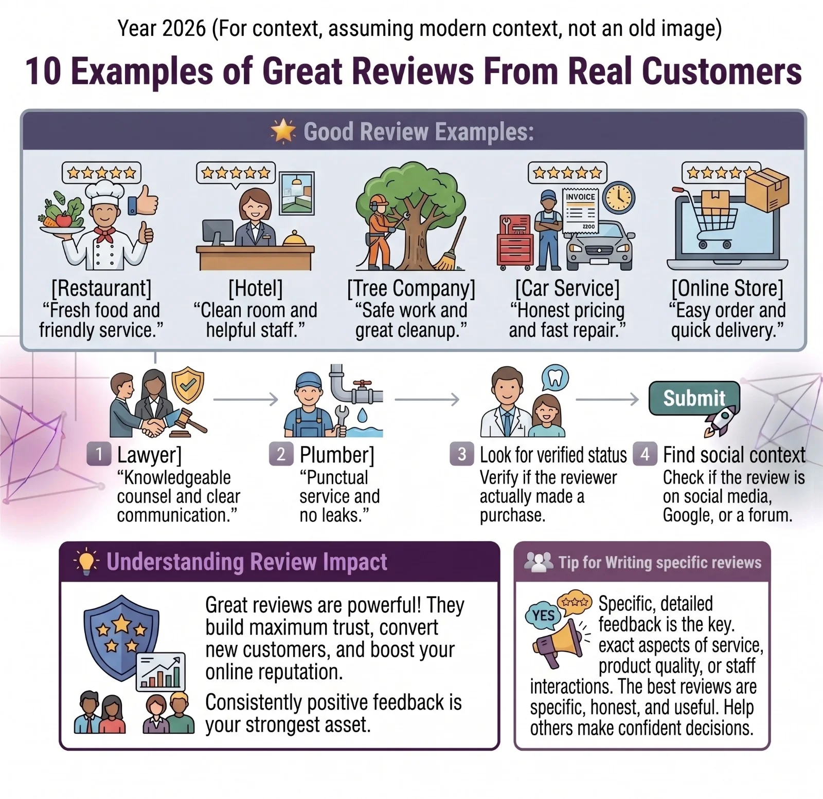 10 examples of great reviews from real customers including restaurant review example, salon review example, online store review example, home cleaning service review example, software review example, hotel review example, dental clinic review example, car repair review example, real estate review example, and digital marketing agency review example